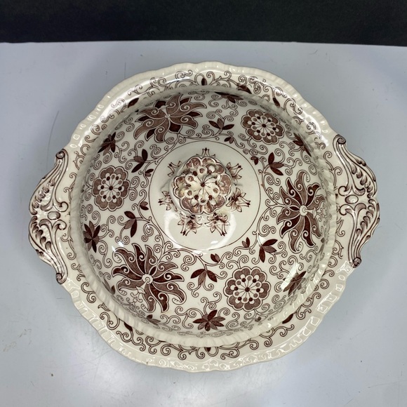 MASON'S BOW BELLS BROWN, FLOWERS & SCROLLS: Lidded SERVING BOWL 11” CRAZING - Picture 6 of 16